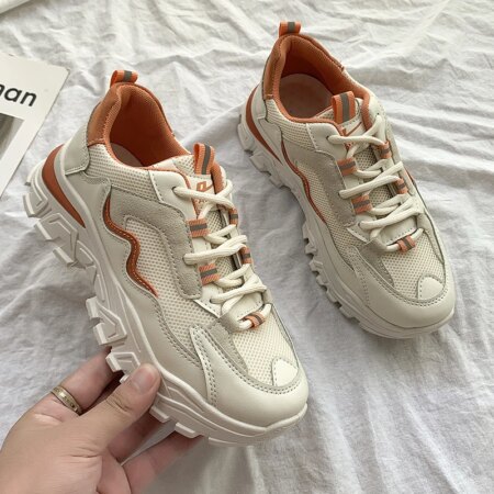 2022 New Fashion Beige Dad Chunky Sneakers Casual Vulcanized Shoes Woman High Platform Sneakers Lace Up Beige Women Sneakers